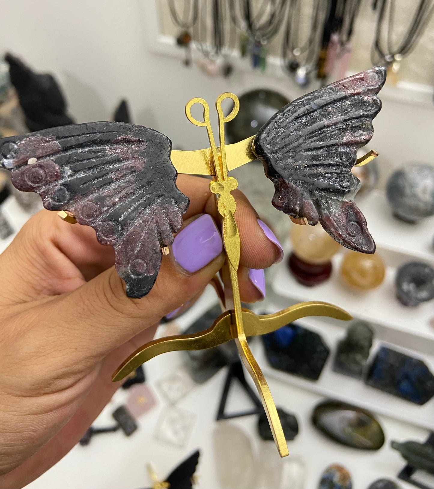 Garnet In Arfvedsonite Small Butterfly Wings Carving with Stand