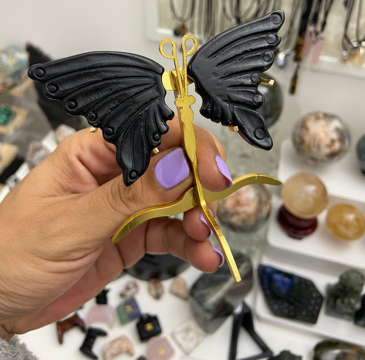 Obsidian Small Butterfly Butterfly Wings Carving with Stand