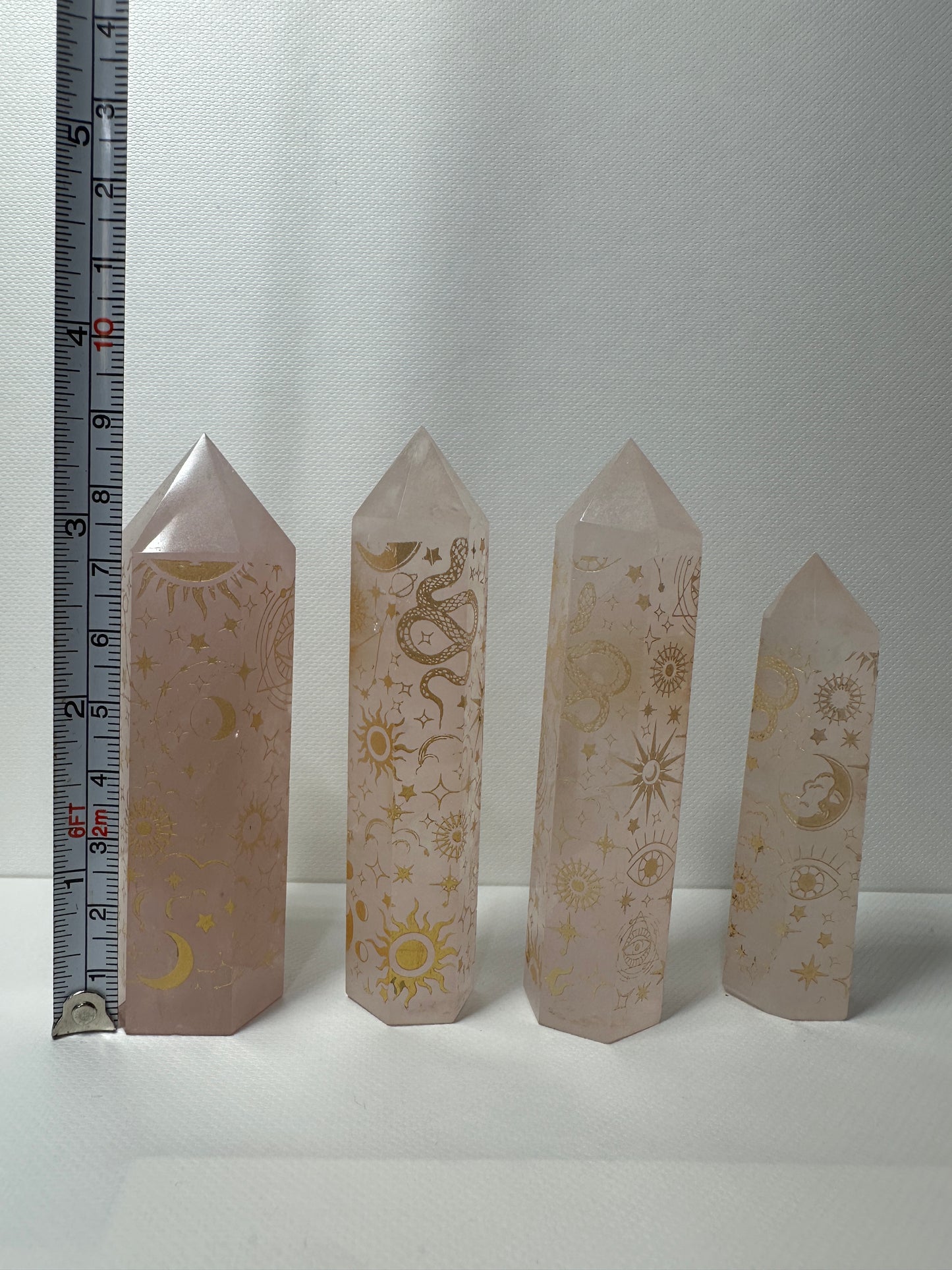 Rose Quarts Towers with Gold Engraving