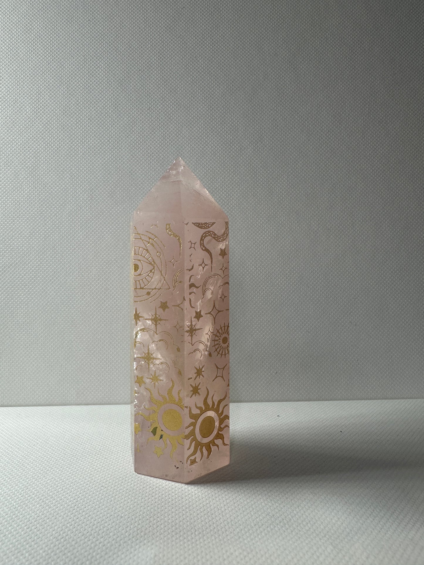 Rose Quarts Towers with Gold Engraving
