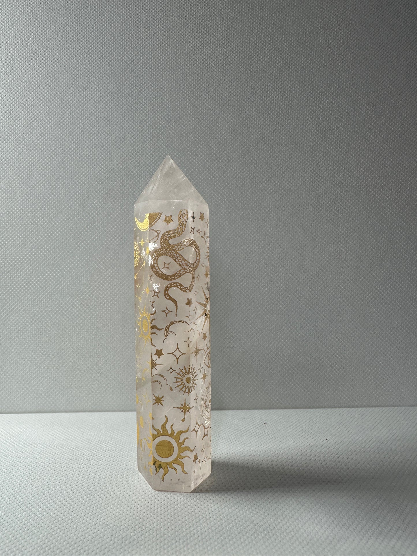 Rose Quarts Towers with Gold Engraving