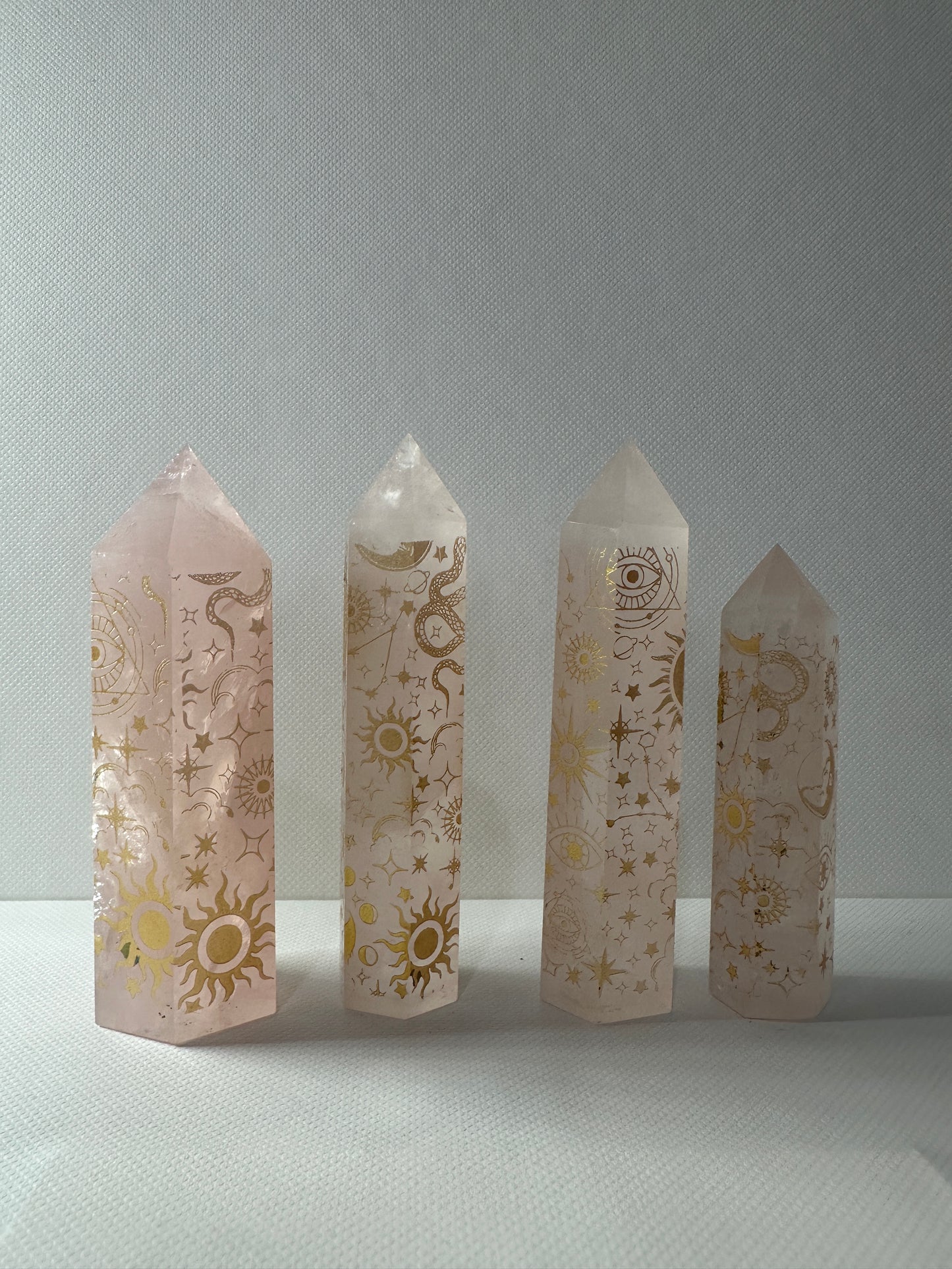 Rose Quarts Towers with Gold Engraving