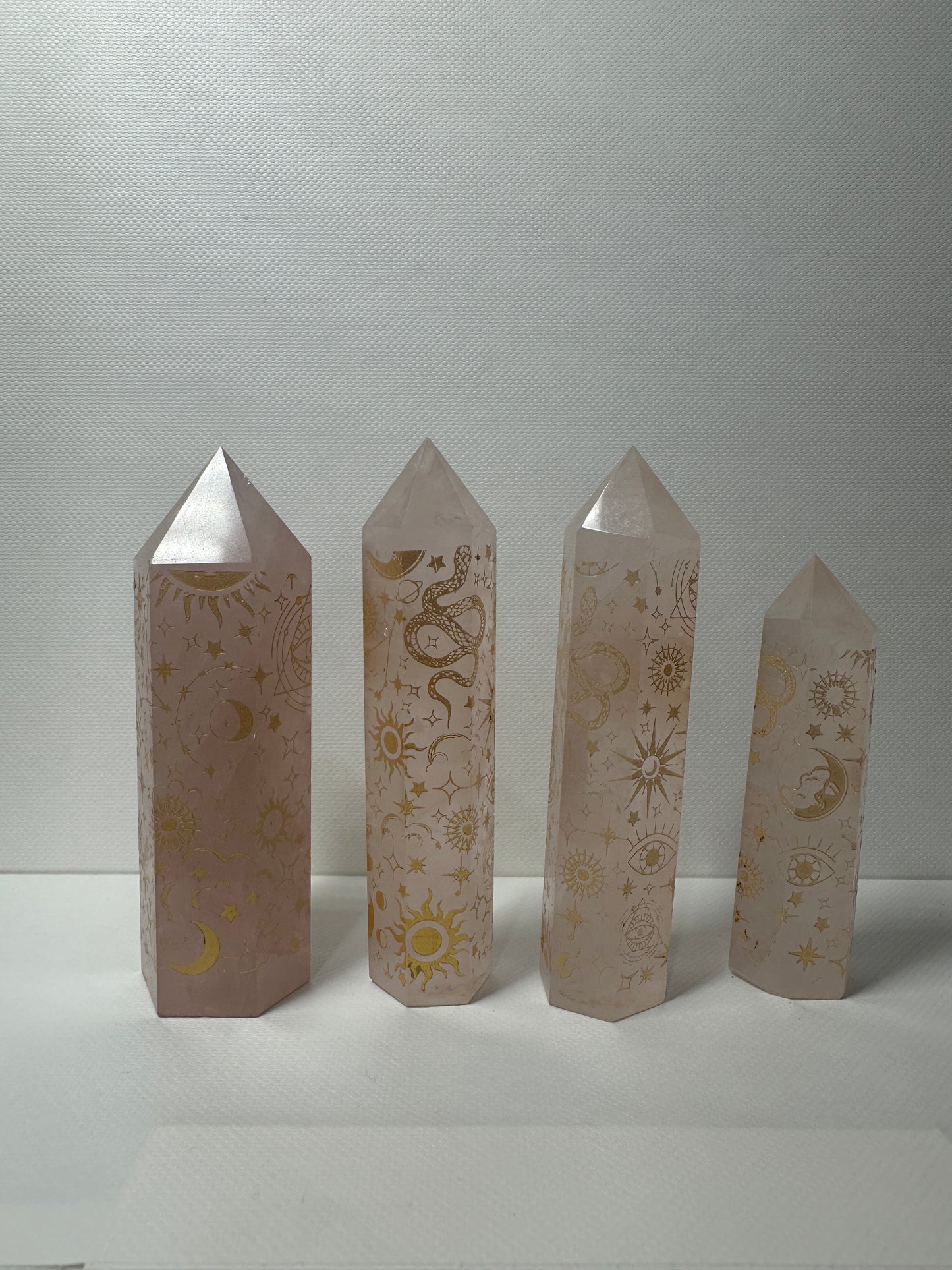 Rose Quarts Towers with Gold Engraving