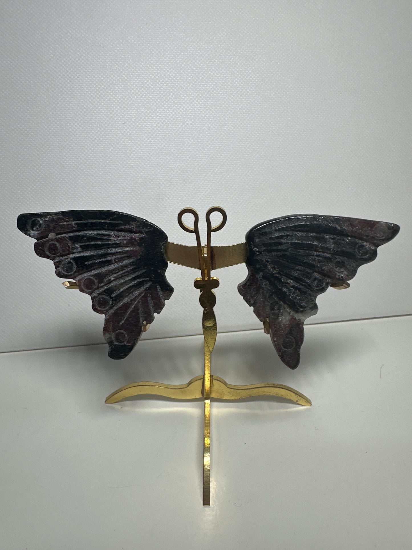 Garnet In Arfvedsonite Small Butterfly Wings Carving with Stand