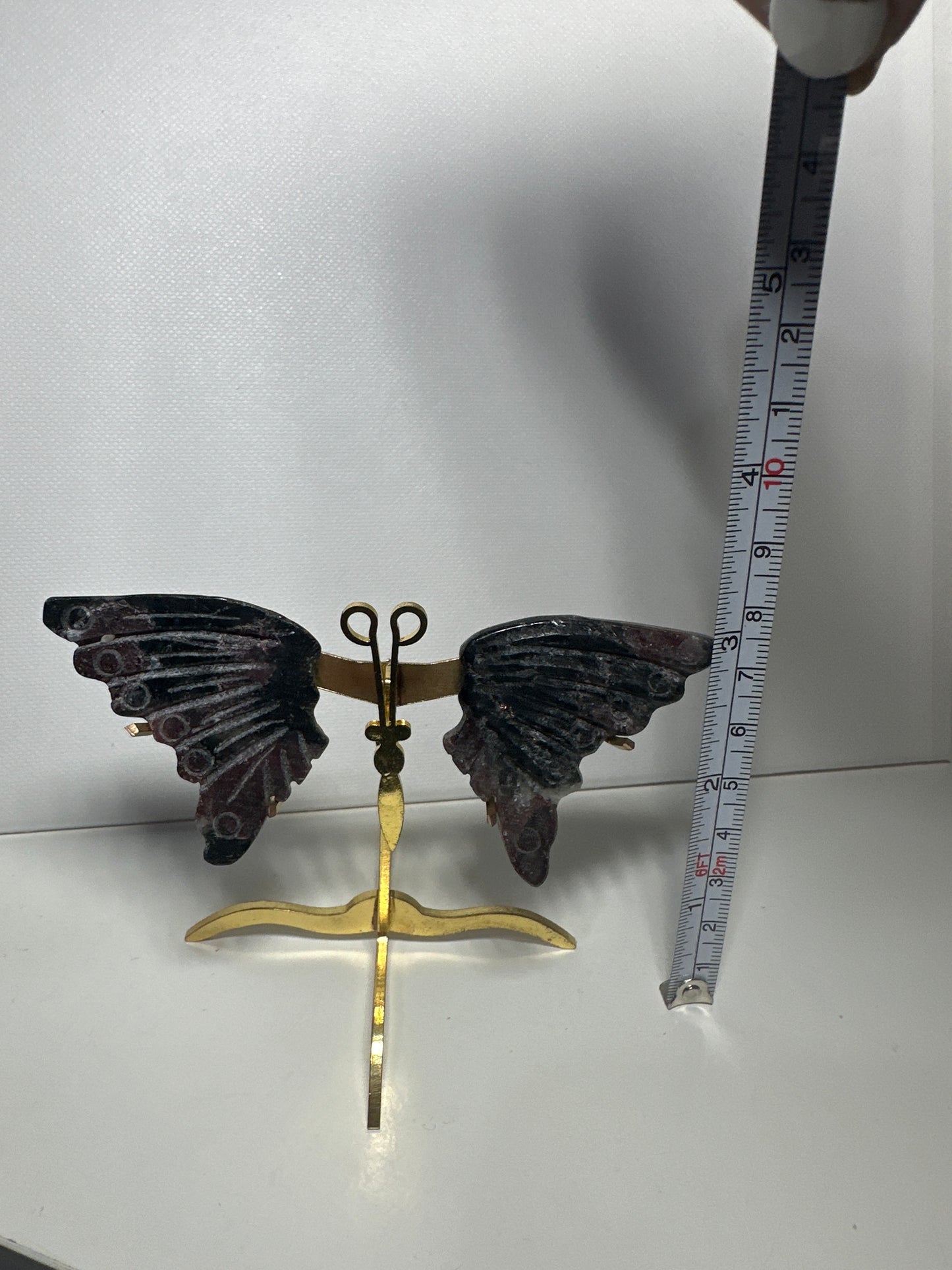 Garnet In Arfvedsonite Small Butterfly Wings Carving with Stand